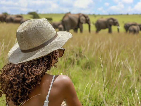 Advertising photo of a Safari tourist woman person. Casual. Featured social image. --chaos 10 --ar 3:2 --style raw Job ID: 4fa1bc5d-714a-4bd0-a24b-c6b13f98f530