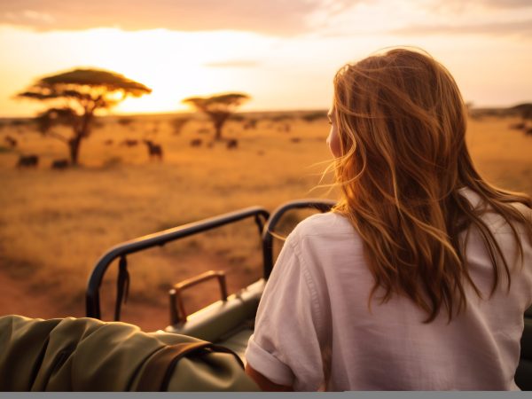 a beautiful female tourist explore a savanna