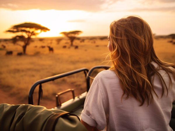 a beautiful female tourist explore a savanna