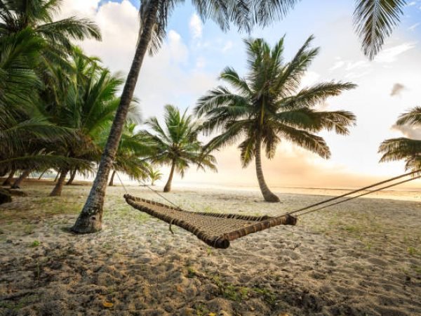 Hammock between palms on sandy beach, Diani, Kenya