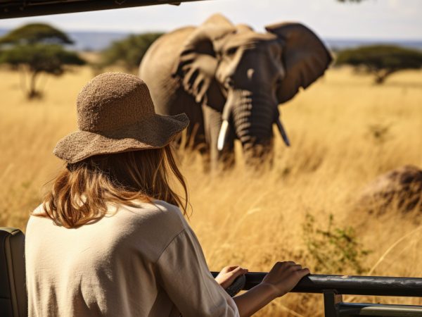 Eco travel and responsible tourism. Woman tourist on a safari in Africa, traveling by car with an open roof. AI Generated