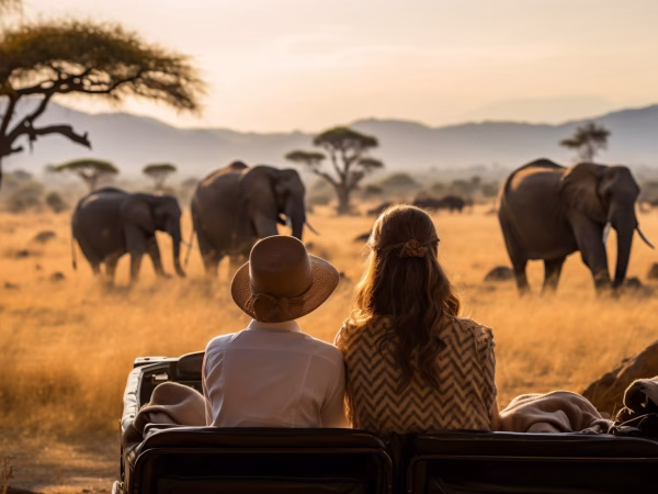 A family observing a herd of elephants from their vantage point.