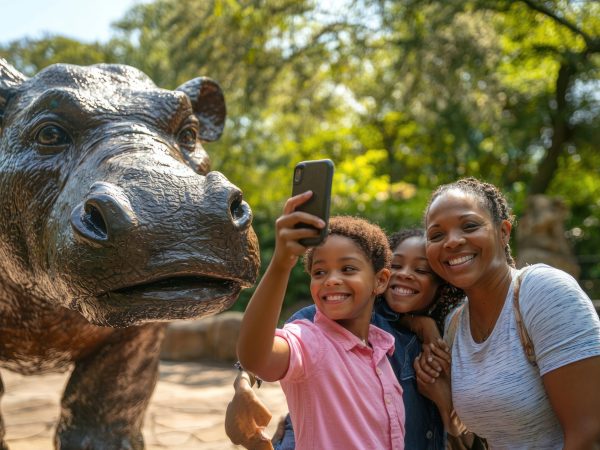 A family taking a selfie in front of a zoo’s large animal statue, capturing their fun day out.