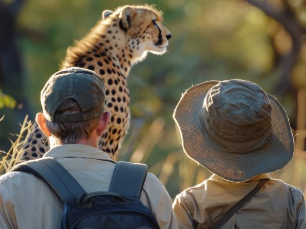 A father and son shaded by widebrimmed hats watch in awe as a pack of cheetahs stalks prey in the distance backs turned . .