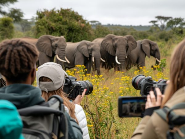 A group of young tourists watches and photographs a herd of wild elephants in the African savanna. The elephants are walking through tall grass and yellow wildflowers.