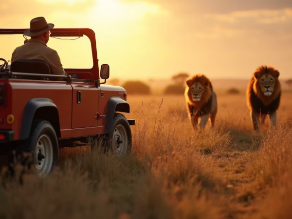A man watches as two lions approach his jeep in the golden hour light of the African savannah, showcasing nature's beauty.