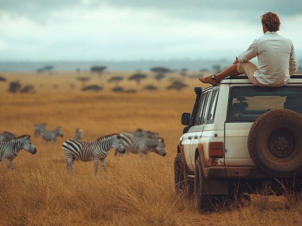 Man Sitting on Safari Vehicle, Observing Zebras
