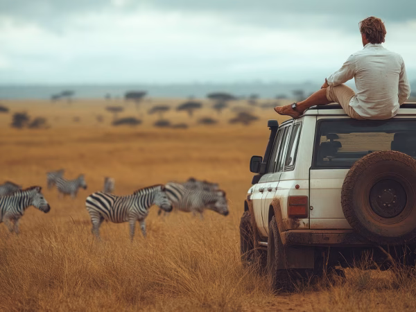 Man Sitting on Safari Vehicle, Observing Zebras