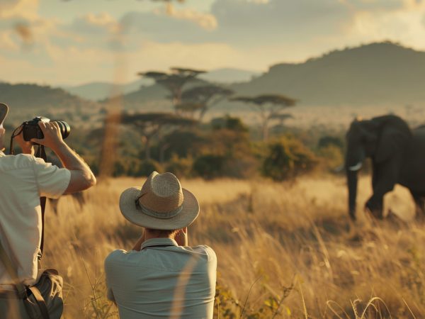 man-taking-picture-giraffe-rhino-background