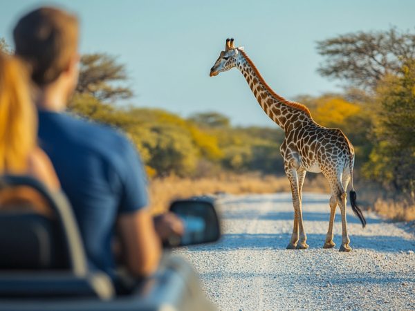 A man and a woman stand together, observing with interest as a majestic giraffe gracefully crosses the road in front of them