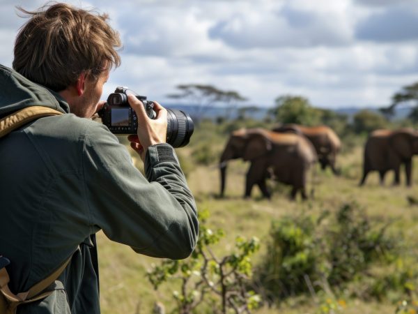 Photographer in Africa taking photos of a group of elephants