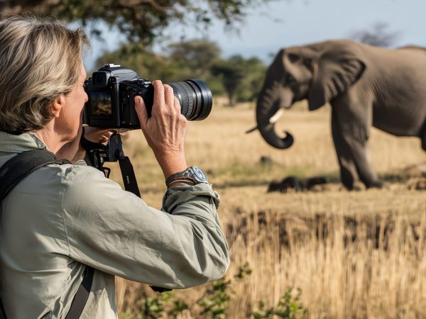 A photographer captures a moment with a majestic elephant in the wild.