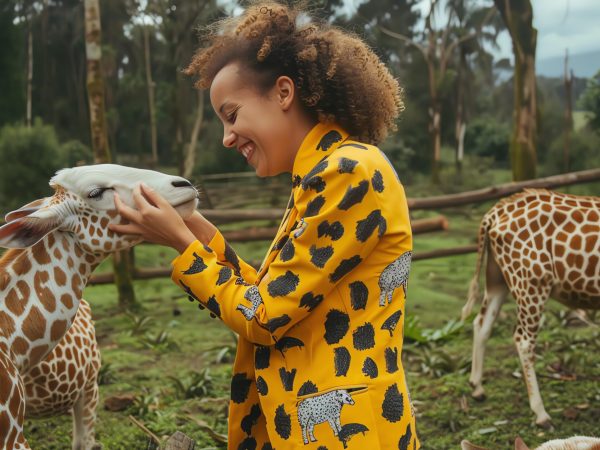 Smiling woman petting a giraffe in a lush green field.  The woman is wearing a yellow jacket with black and white animal print.