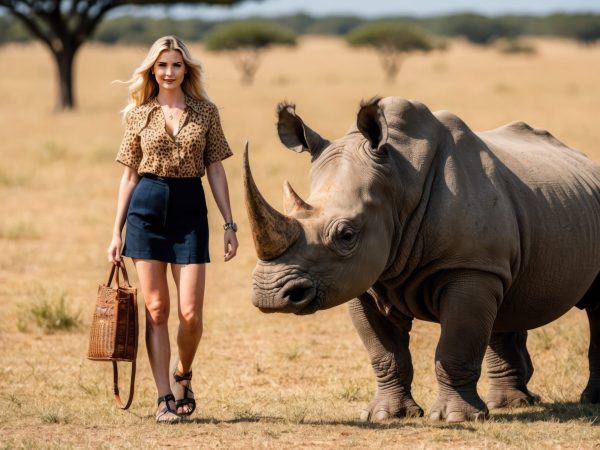 A woman in floral attire stands gracefully beside a rhinoceros at sunset.