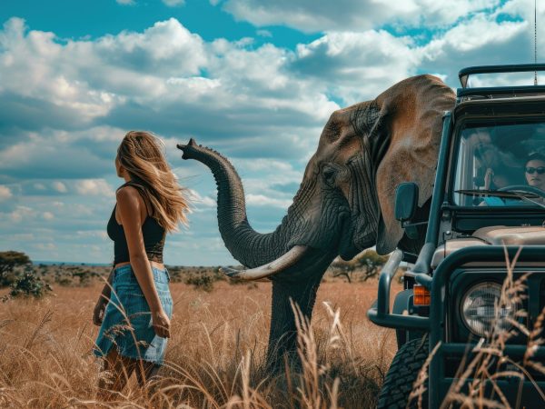 woman standing in a safari vehicle tourist elephant in the savanna travel summer , high detail, 8k --ar 3:2 Job ID: 5b1a47c3-cbc6-42aa-888e-3c87a7890d2c