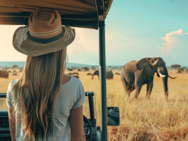 woman standing in a safari vehicle tourist elephant in the savanna travel summer , high detail, 8k --ar 3:2 Job ID: 5b1a47c3-cbc6-42aa-888e-3c87a7890d2c